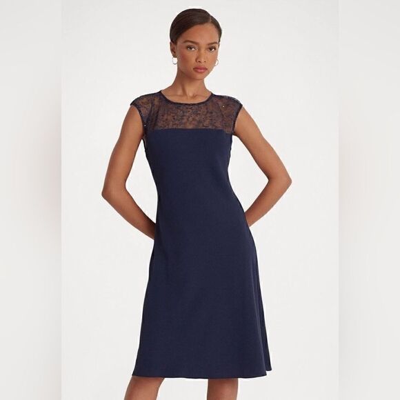LAUREN RALPH LAUREN Navy Sleeveless Round Neck Cocktail Fit Flare Dress 10 New - Picture 2 of 15